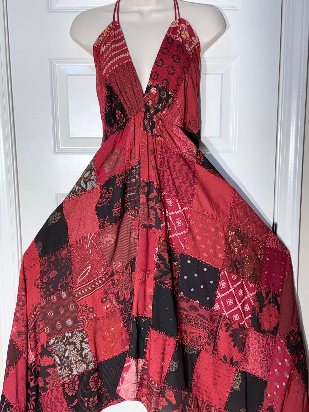 Ananta Boho Halter Dress, Red and Black Patchwork, Women's One Size